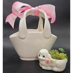 Pottery Barn Ceramic Basket 6.75" White Double Handle & Vintage Parma Lamb